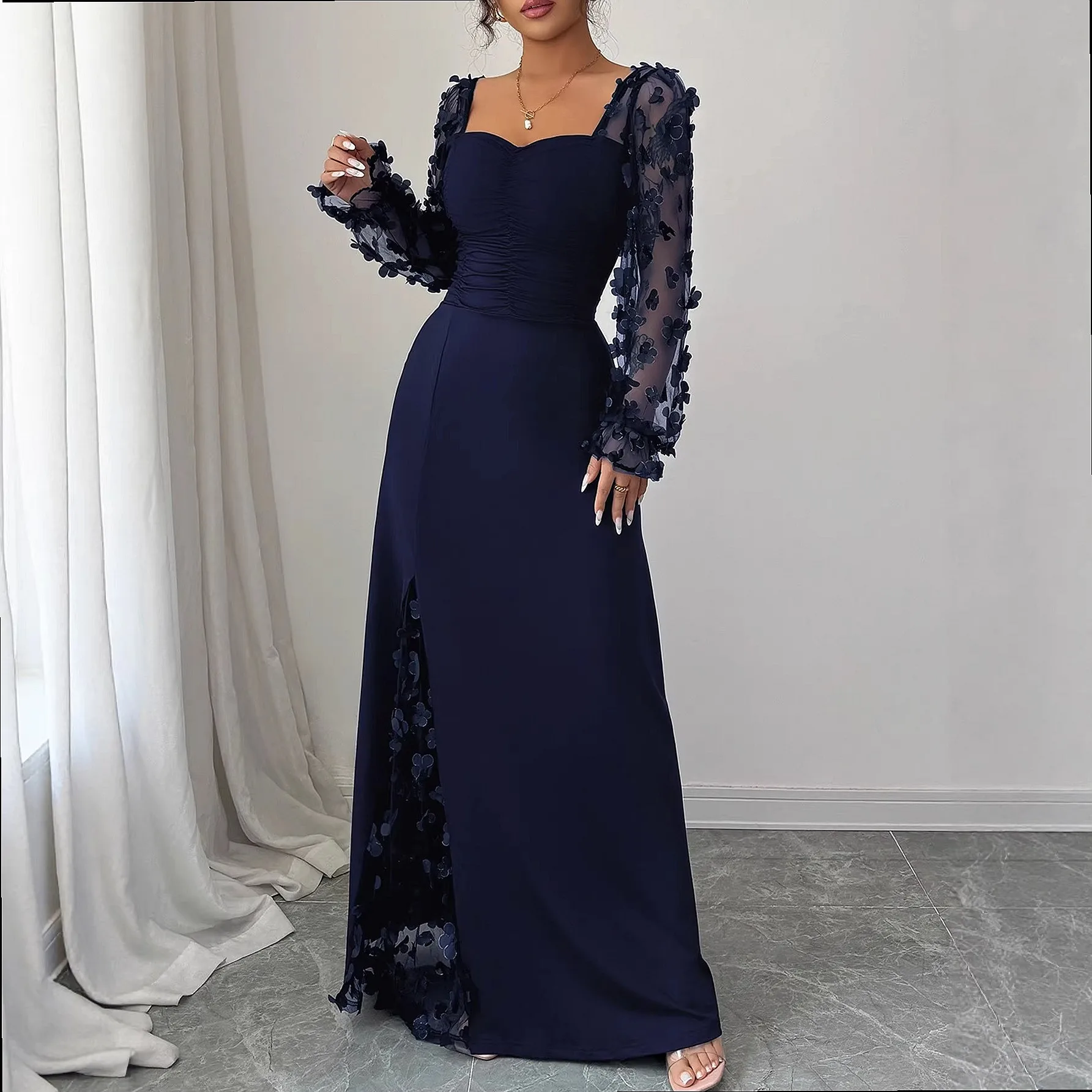 Women Sheer Long Sleeve Dress Evening Dress, French Vintage See Through Bodycon Dresses Jumpsuit Playsuit