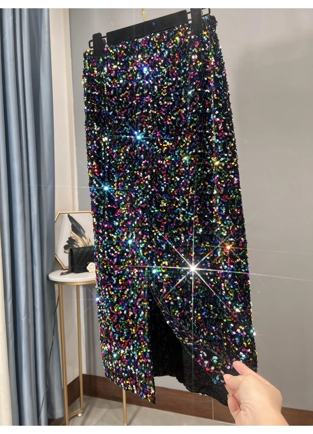 Blingbling New Autumn Winter All-match Mid-long Bodycon Skirt Colorful Sequins Elastic High Waist Slimming Lady Pencil Skirts