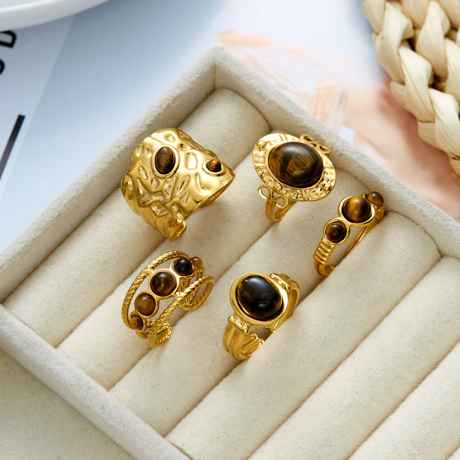 Stainless Steel Natural Tiger Eye Stone Rings For Women Vintage Hammered Wide Band Stackable Finger Ring Boho Party Jewelry Gift