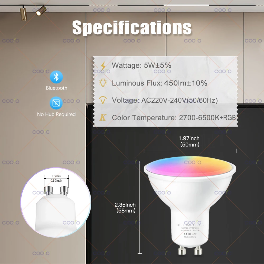 COOLO Tuya Smart Life GU10 Bluetooth Smart LED Light Bulbs RGB W+C 5W Dimmable Lamps AC 220V App Remote Control Spotlight Bulb