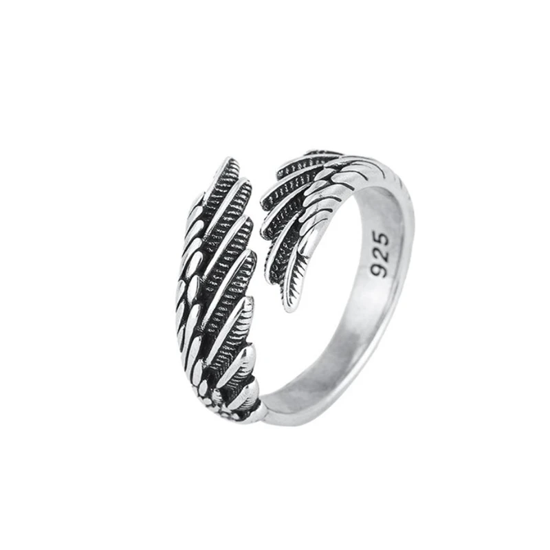 WYEAIIR-Anillo de Plata de Ley 925 para mujer, sortija ajustable con alas de plumas, Plata tailandesa Vintage, joyería de lujo