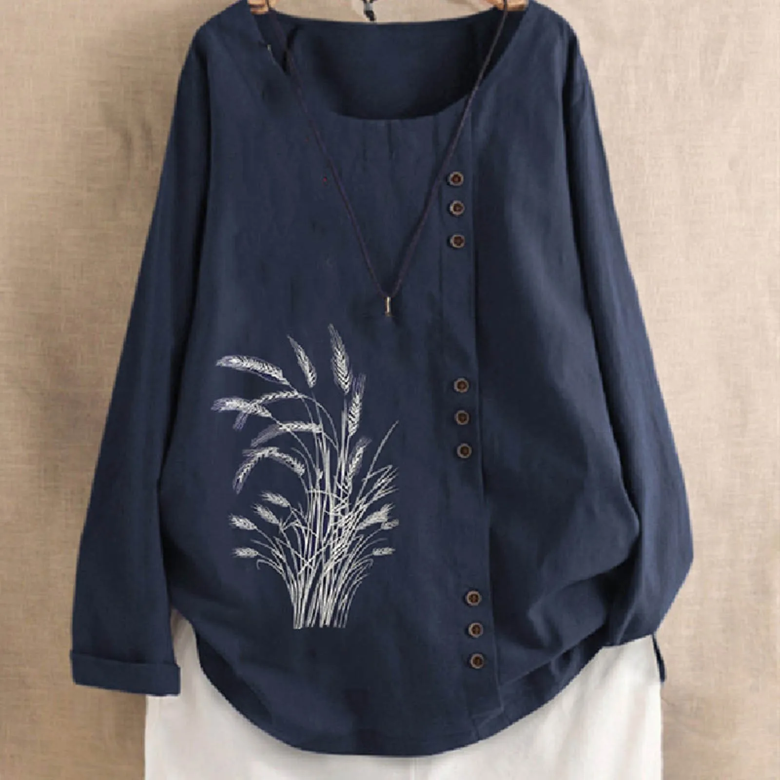 

Cotton And Linen Blouse Women's Round Neck Long Sleeve Large Sizes Loose Shirt Blouses Elegant Solid Color Long Shirt Tops