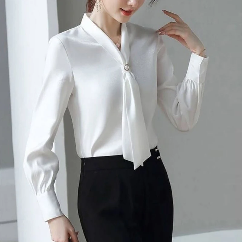 Green White Korean Elegant Office Lady Shirt Spring Autumn Women Bow Chic Temperament Long Sleeve Loose Blouse Tops Blusas Mujer