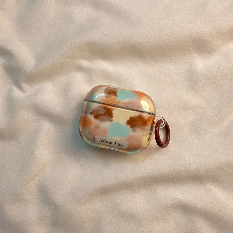 Oil Painting Watercolor Protective Case for Airpods1/2/3/4/pro Wireless Bluetooth Headset Case Drop-proof with Bell Jewelry