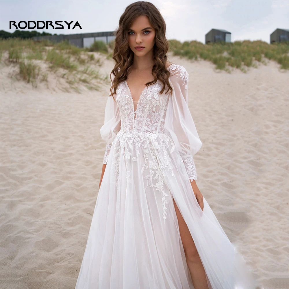 Roddrsya Strand V-hals Bruiloft Dresslantern Mouwen Hoge Split Backless Bruid Gown Lace Applique Tulle Custom Made Robe De Mariee