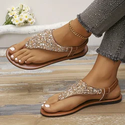 Scarpe a punta aperta con paillettes scintillanti con cinturino alla caviglia sandali piatti moda estiva da donna, sandali infradito Casual Comfort per le vacanze al mare