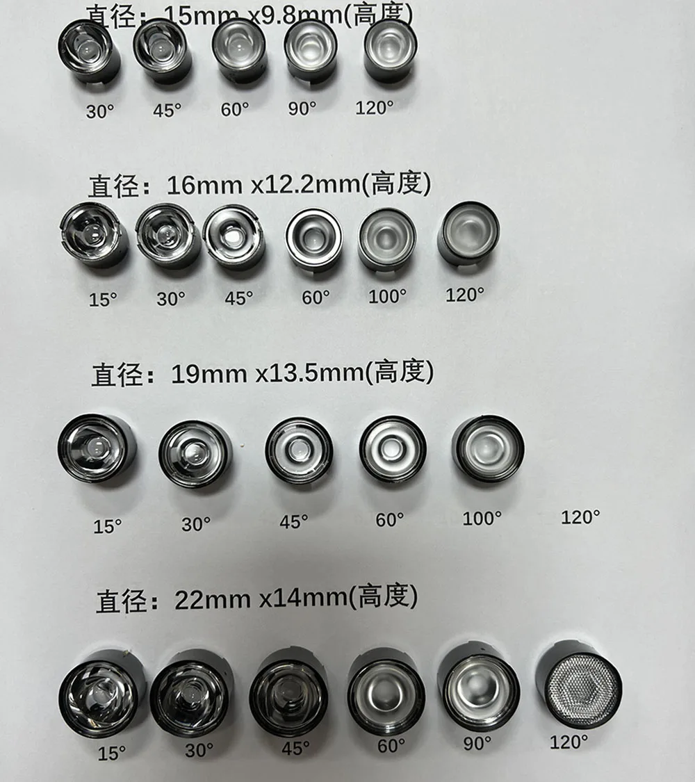 15mm 16mm 19mm 22mm 10pcs15/25/30/45/60/90/120 degrees LED Lens With Black Holder For 1W 3W 5W High Power LED Lamp Light