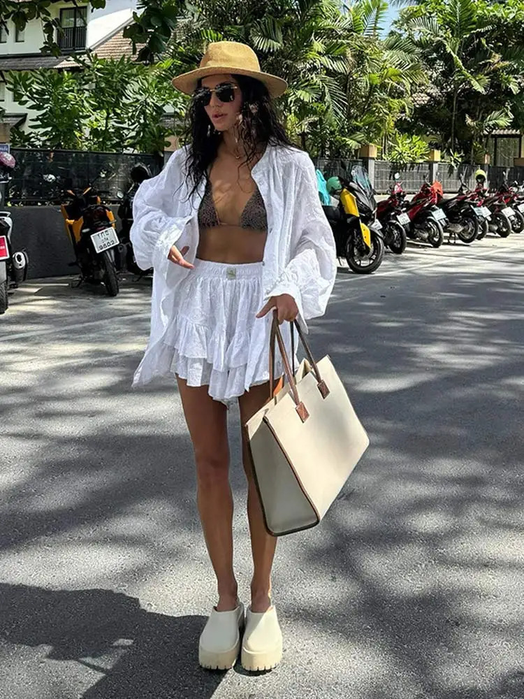 Fashion Women White Shorts Set Solid Long Sleeve Shirt And Shorts Two Piece Sets 2024 Summer Casual Home Highstreet Lady Outfit