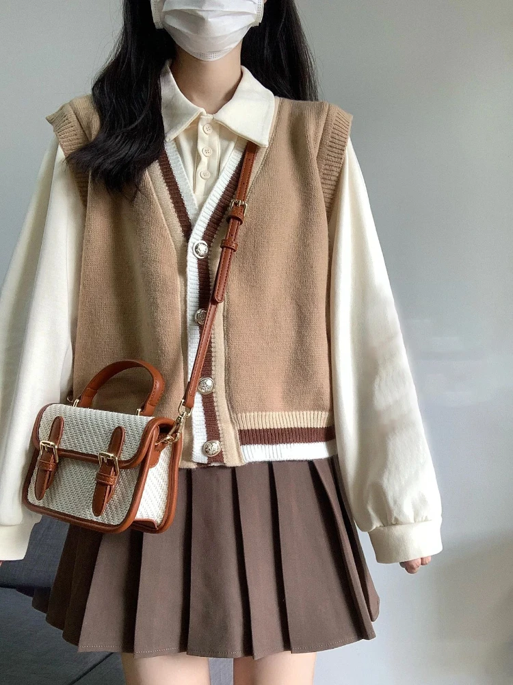 French Pleated Skirts Sets Women Vintage Preppy Turn-down Collar Shirts Cute Knitted Sweater Vests Schoolgirls Fashion Autumn