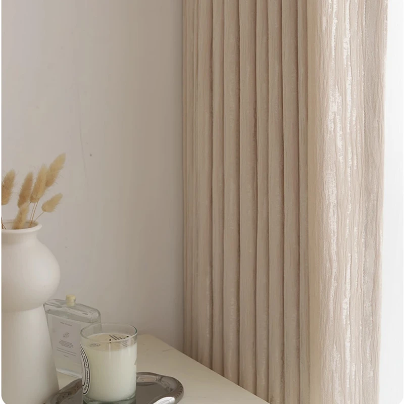 Korean Style Minimalist Luxury Curtains for Living Room Bedroom Dining Room Wrinkled Fabric Curtain Gilded Wood Grain Curtains