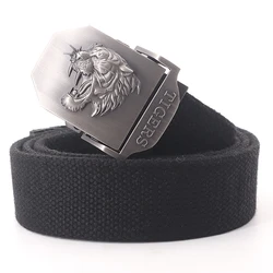 New Canvas Outdoor Tactical Army Belt 3D tiger head Emblem Metal Buckle Unisex Jeans Belt for Men Military Belt Male sport Strap