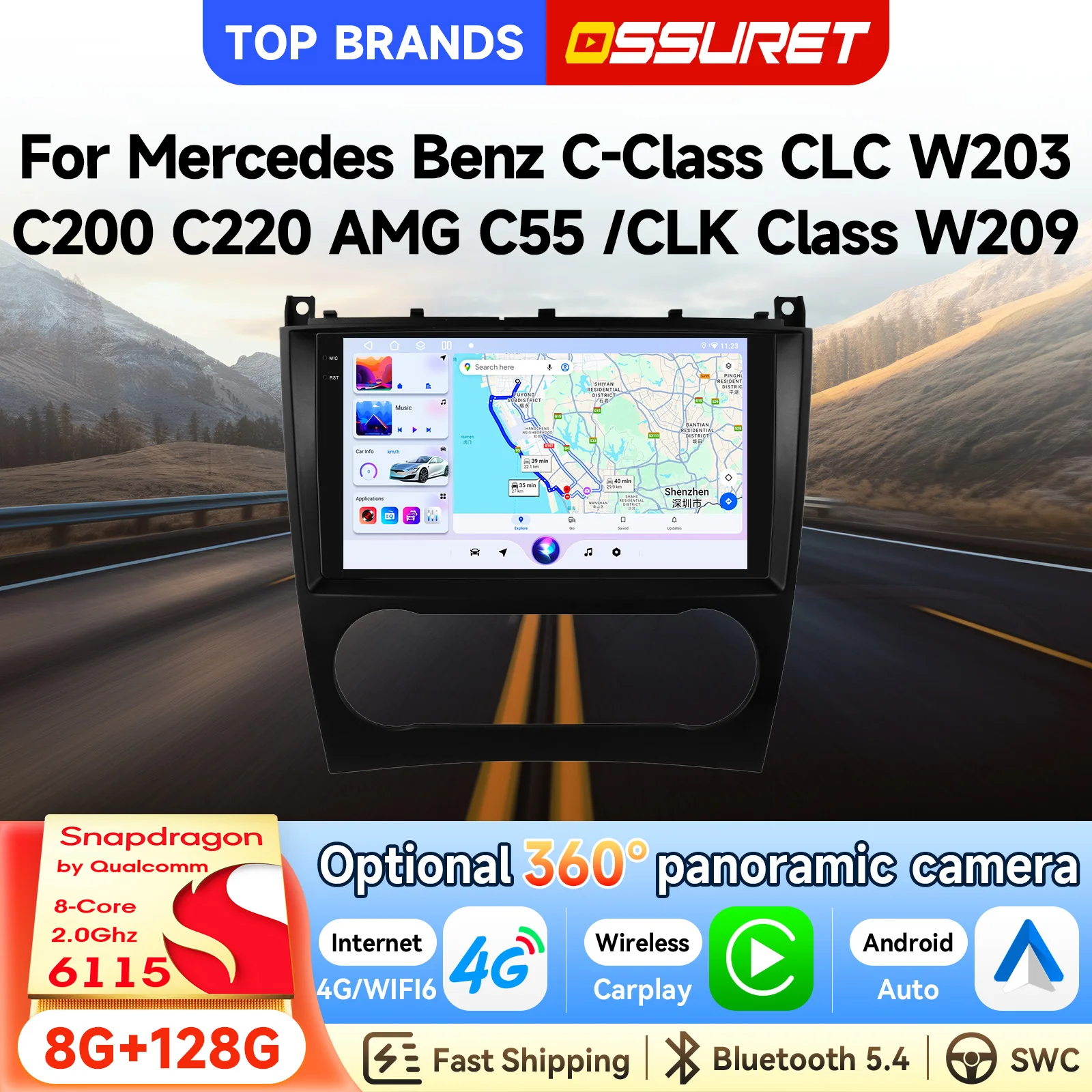 OSSURET Expédition Rapide Autoradio Android 14 2Din 9 Pouces pour Mercedes-Benz Classe C W203 2004-2007 Classe CLC W203 2008-2010 Autoradio DSP CANBUS CarPlay Sans Fil Android Auto Lecteur GPS Navigation Bluetooth Mains Libres Système d'Infodivertissement Automobile 8 Cœurs