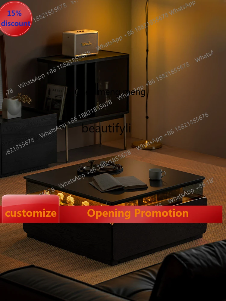 

S7486 ss Light Luxury Furniture Square Stone Plate Coffee Table Lighting Atmosphere Solid Wood with Pumping Black Modern Minimal