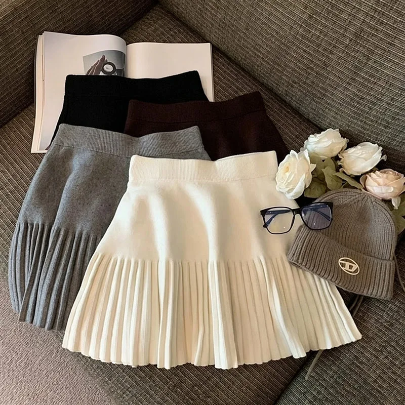 Autumn Winter Lady Elegant Pleated Skirts Female Classic High Waist A-line Dress Women Fashion Thin Solid Knitted Skirts