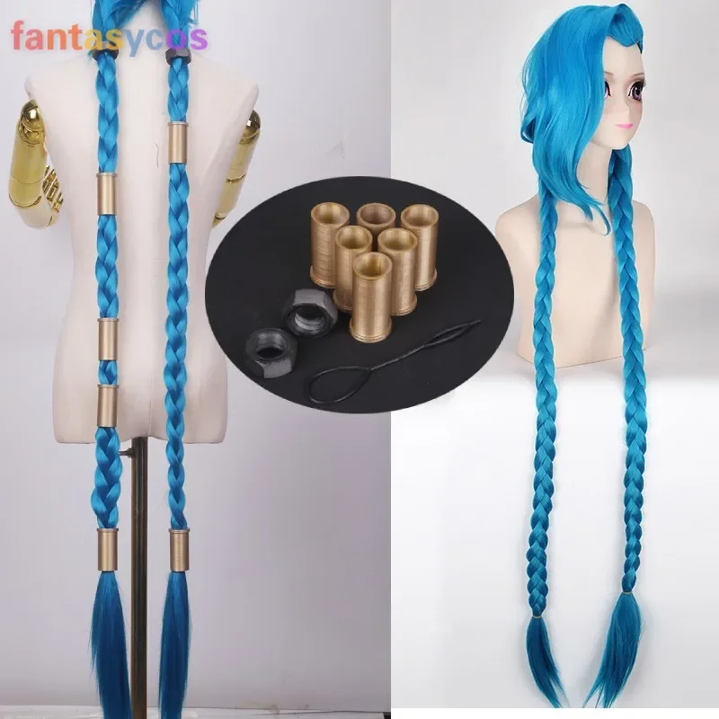 LOL Jinx Cosplay peruk şapkalar firkete Prop reçine uzun mavi örgüler 120cm gevşek topu sentetik saç cadılar bayramı kostüm için