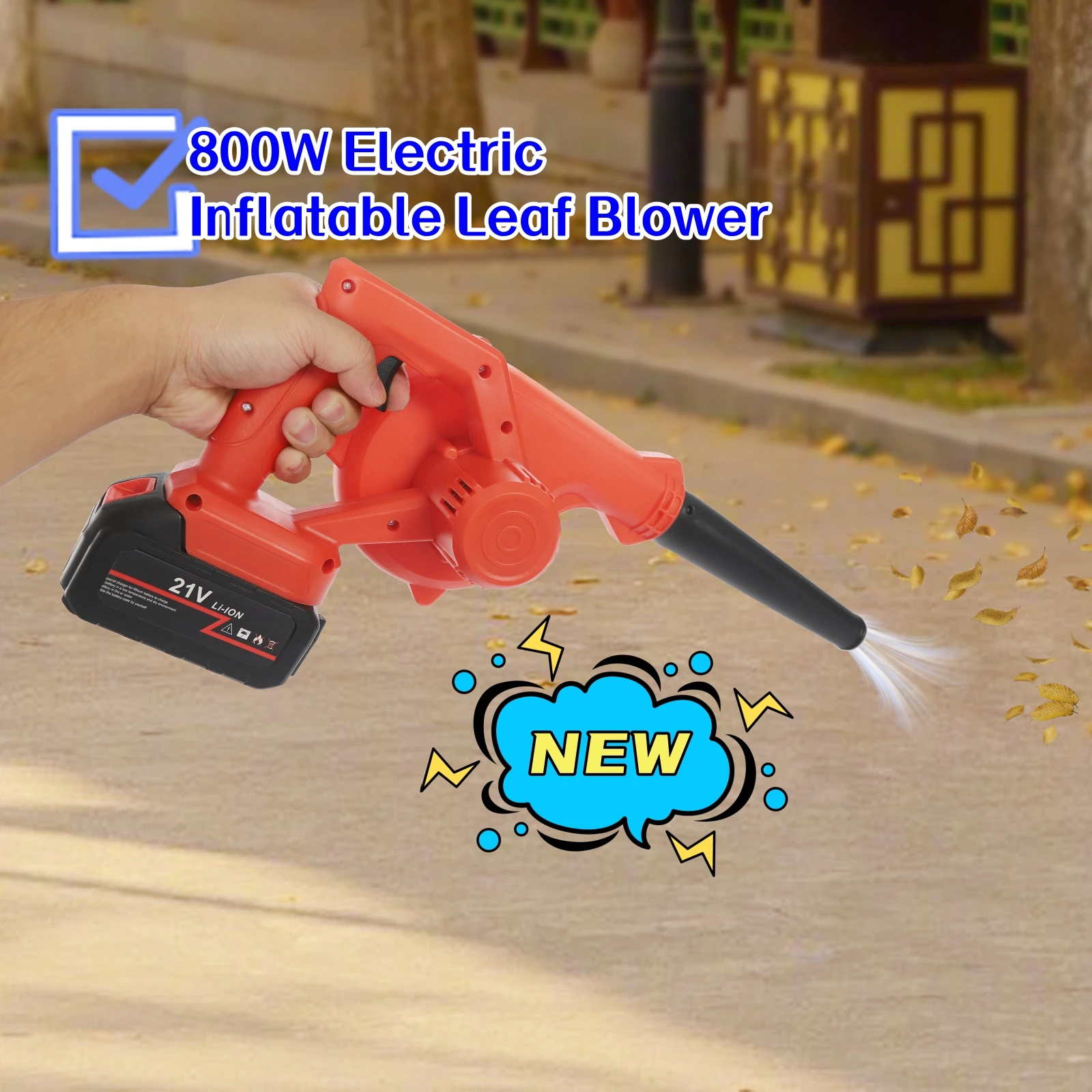 800W Electric Inflatable Leaf Blower Leaves Suction Blowing Machine Dry Pet Hair 1 Battery Cleaning Removing Dust 6000-8000RPM