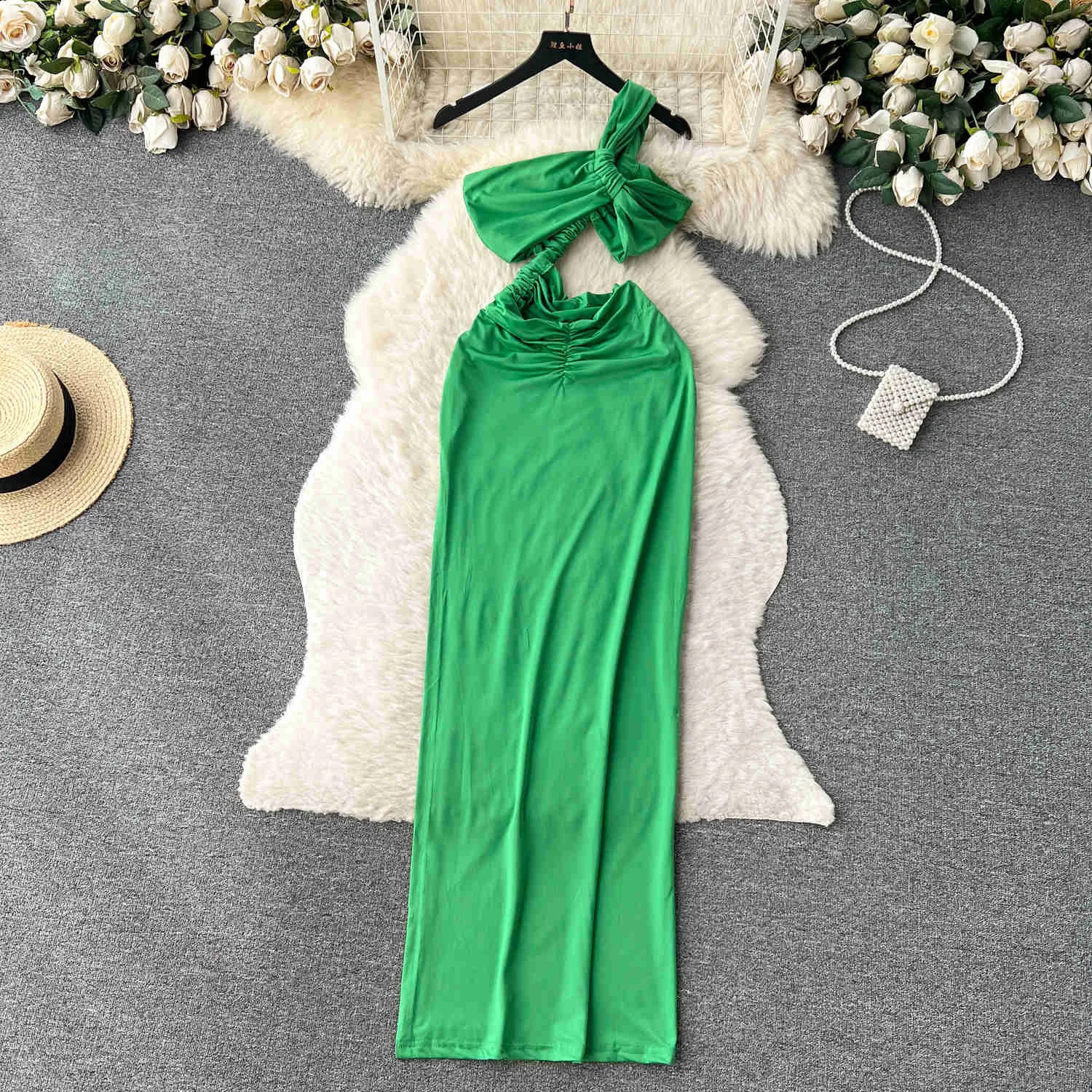 Sexy Hollow Out One Shoulder Strap Women\'s Dress Solid Summer Fashion Sleeveless Slim Fit High Split Evening Party Long Vestidos