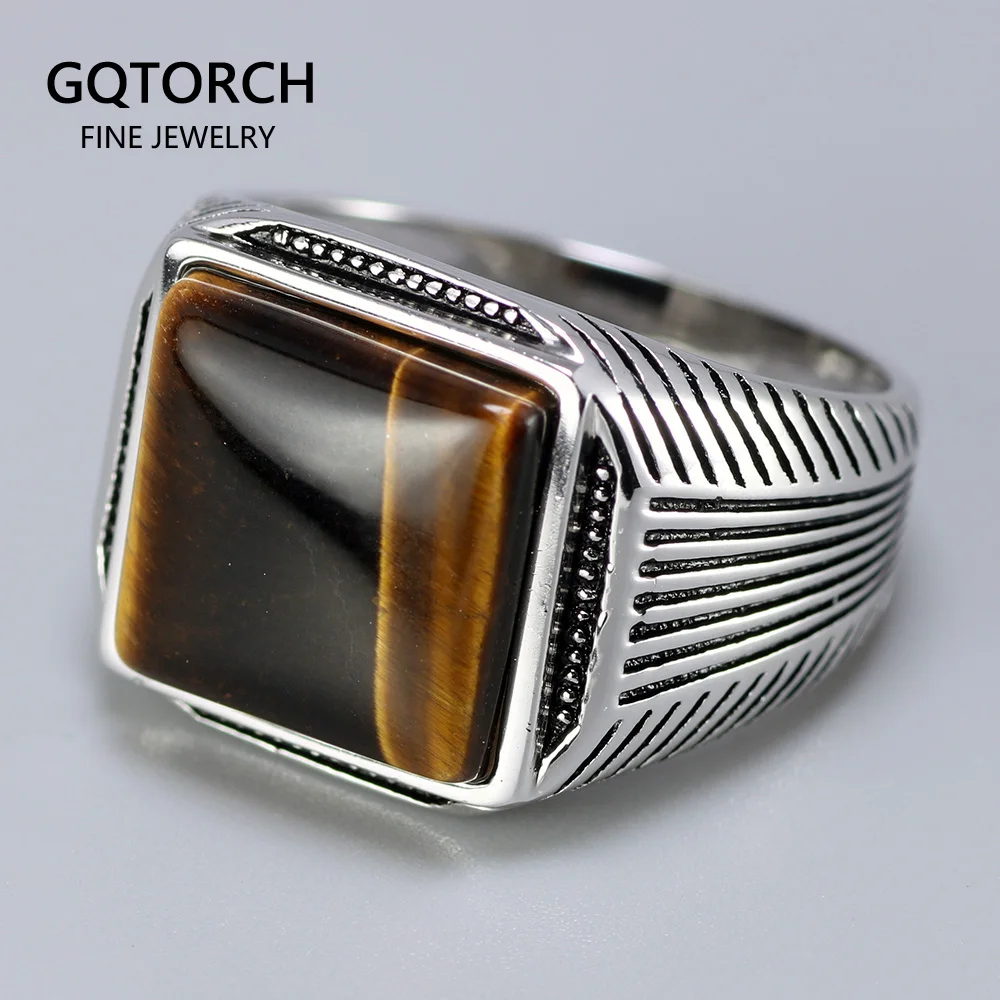 Authentic Sterling Silver 925 Man Ring With Tiger Eyes Fine Jewelry Stripe Pattern Natural Stone Cool Retro Punk Ringen