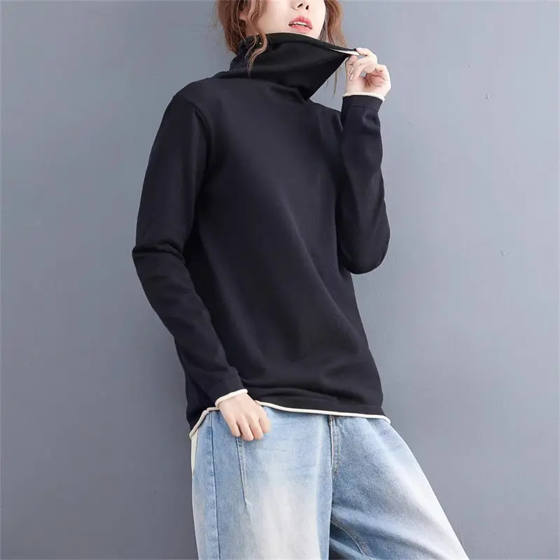 Stacked Collar With Bottom Shirt For Women's Autumn And Winter 2024 New Style Loose High Neck And Thick Velvet Top A472  ﻿