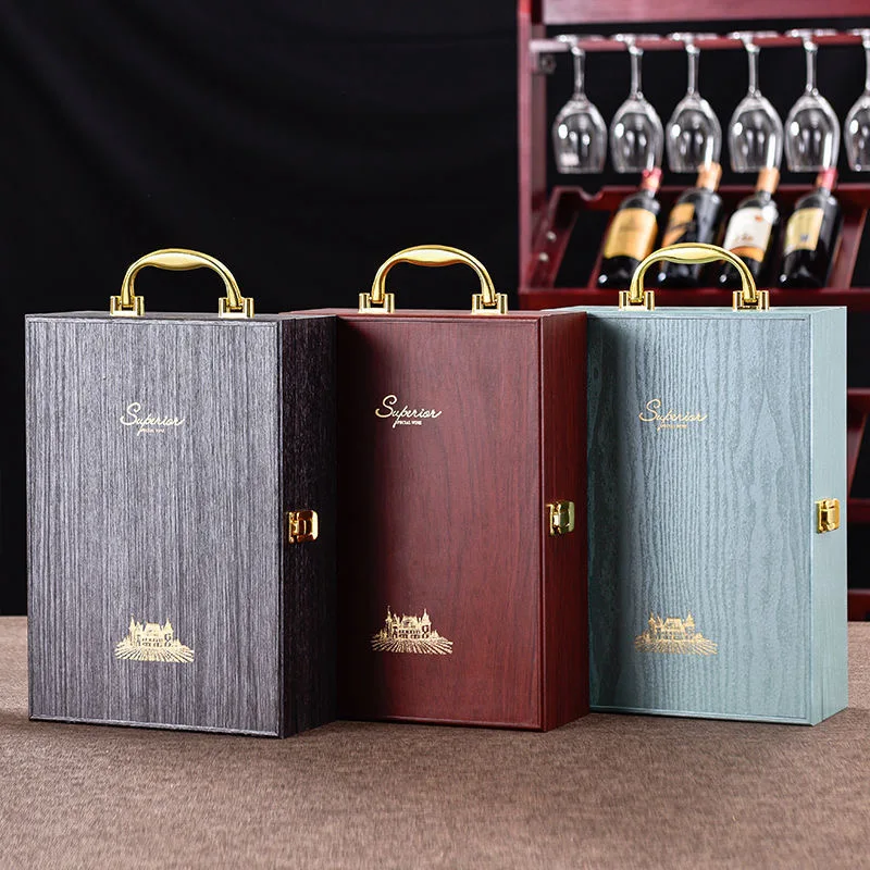 Doppia scatola in pelle bottiglia di vino manico di lusso organizzatore in legno regalo supporto in legno per 2 Champagne rosso