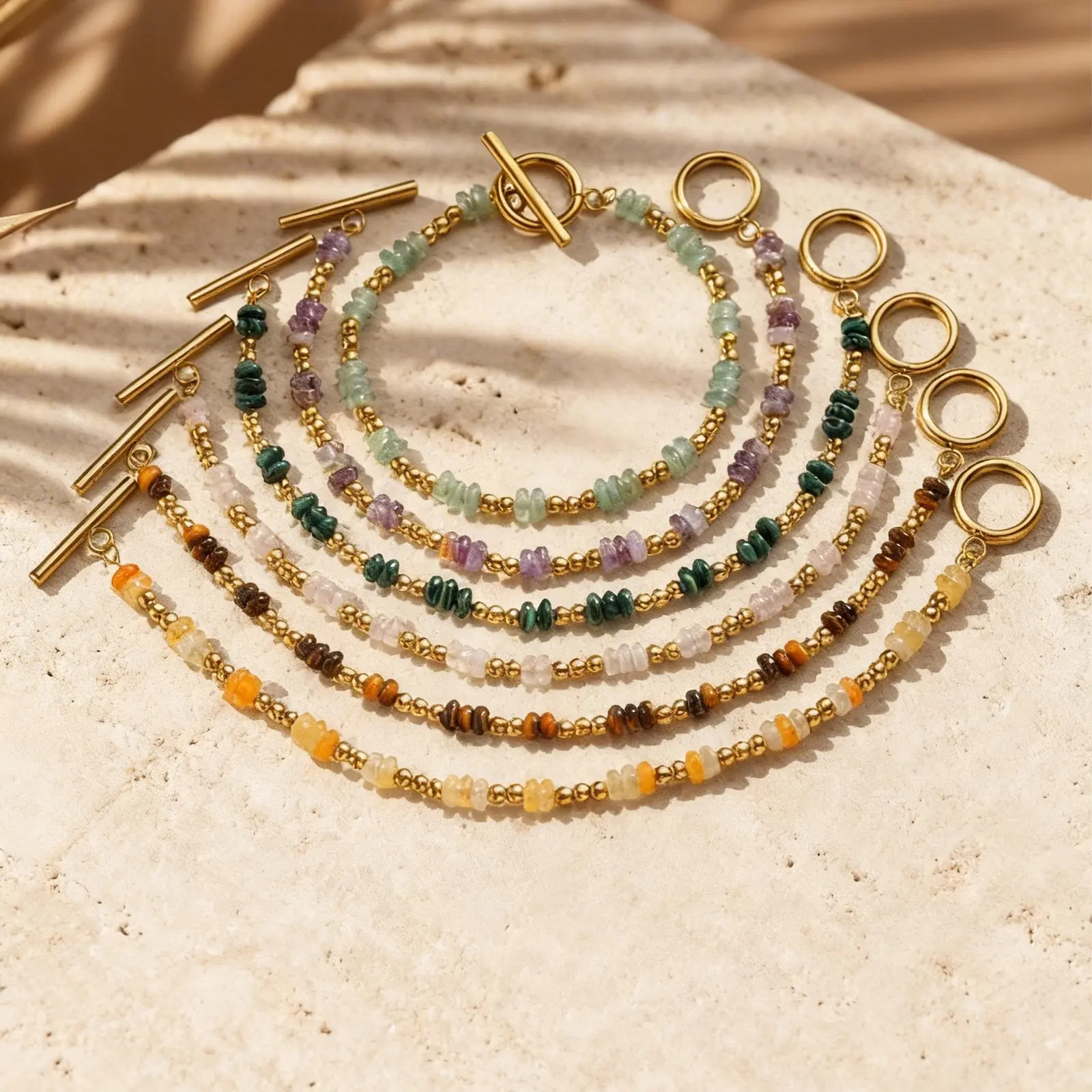 Vnox Natural Stone Small Spacer Beads OT Ring-clasps Chain Bracelet for Women, Amethysts Malachite Green Aventurine Bracelets