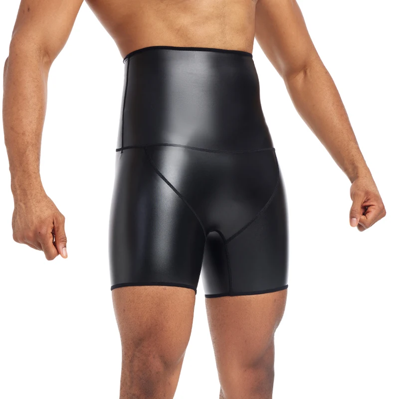 Moldeador de cuerpo de cintura alta para hombre, pantalones ajustados de cuero de imitación, bragas de Control de entrenador de cintura, pantalones cortos de fiesta de Fitness casuales de moda