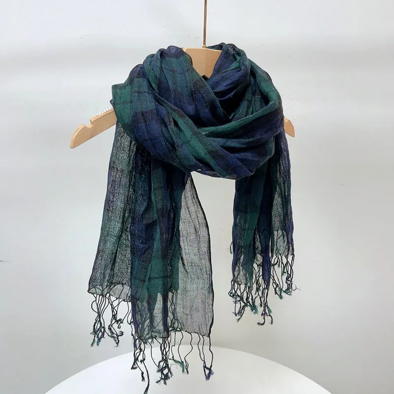 High Quality Pure Linen Lady Scarf Japanese Plaid Retro Green Breathable Shawls and Scarves