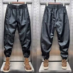 Pantalones de cuero de motocicleta a la moda, pantalones holgados Harem de Hip Hop para hombre, pantalones de chándal para correr al aire libre, ropa de marca de lujo de alta calidad