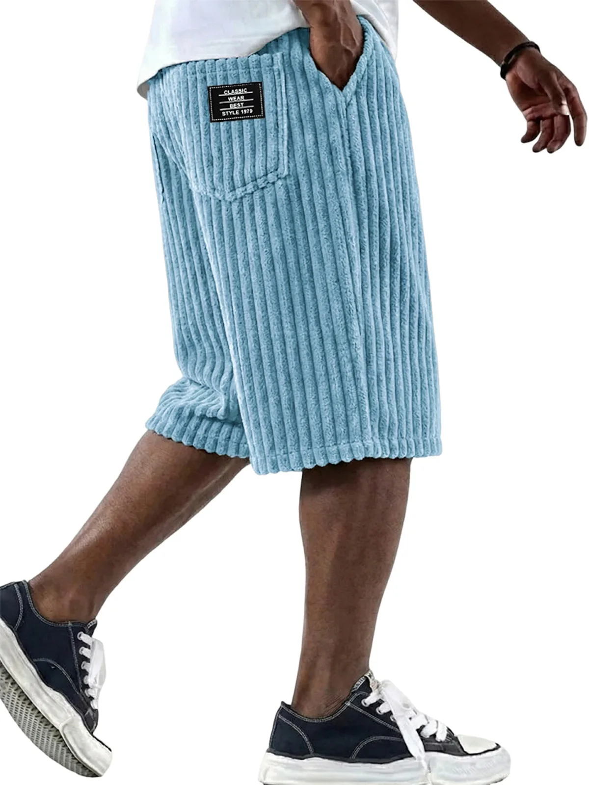 Men's Workwear Shorts Summer Casual Corduroy Loose Elastic Waist Multi-Pocket Leisure Pants Embroidery Retro Style Male Trousers