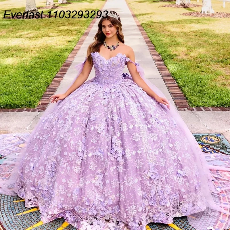 EVLAST Blue Quinceanera Dress Ball Gown 2024 Colorful 3D Floral Applique perline con Cape Sweet 16 Vestido 15 De aecos TQD279