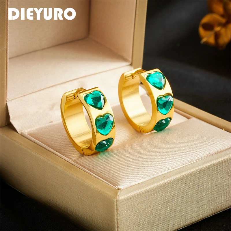 

DIEYURO 316L Stainless Steel Heart Green Crystal Hoop Earrings For Women Girl New Trend Ear Buckle Waterproof Jewelry Gift Party