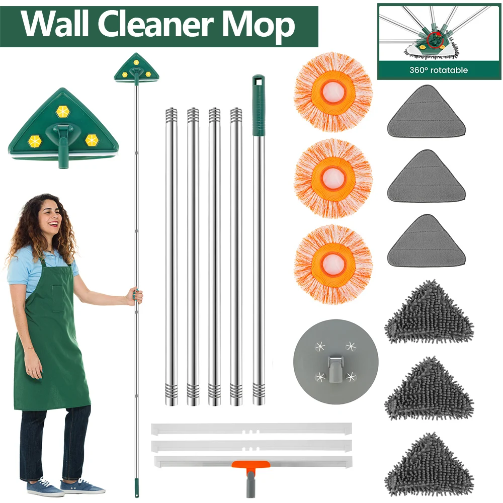 Wall Cleaner Mop with Long Handle Microfiber Dust Mop Portable Wall Cleaner with Squeegee Wet and Dry Use Detachable Clean Mop