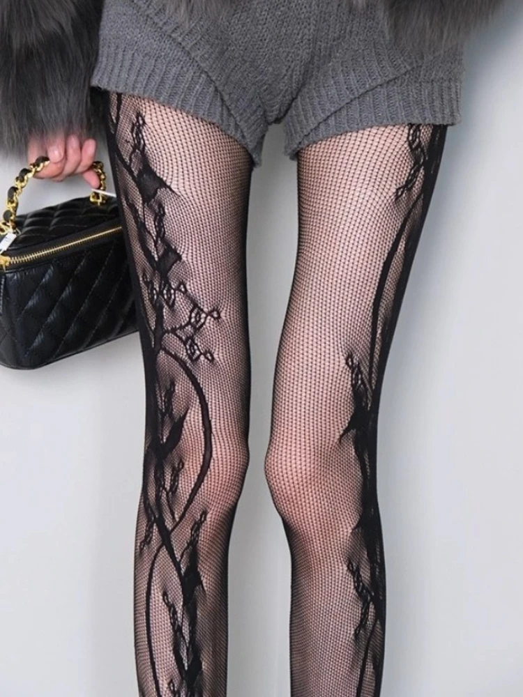 Neue Seite Reben Muster Strumpfhosen Frauen Sexy Spitze Fishnet Strümpfe Gothic Y2K Subkultur Würzige Mädchen Ausgehöhlte Sheer Strumpfhosen