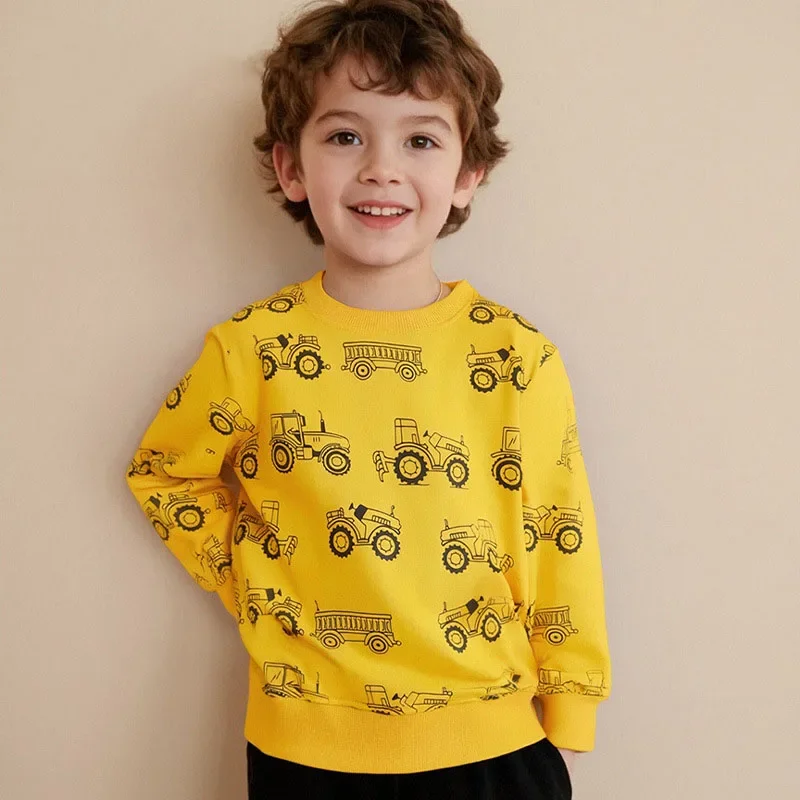 2-7T 100% Cotton Boys Sweatshirts Pullover Tops Tractor Print Hoodies Toddler Kids Long Sleeve Crew Neck Casual Clothes