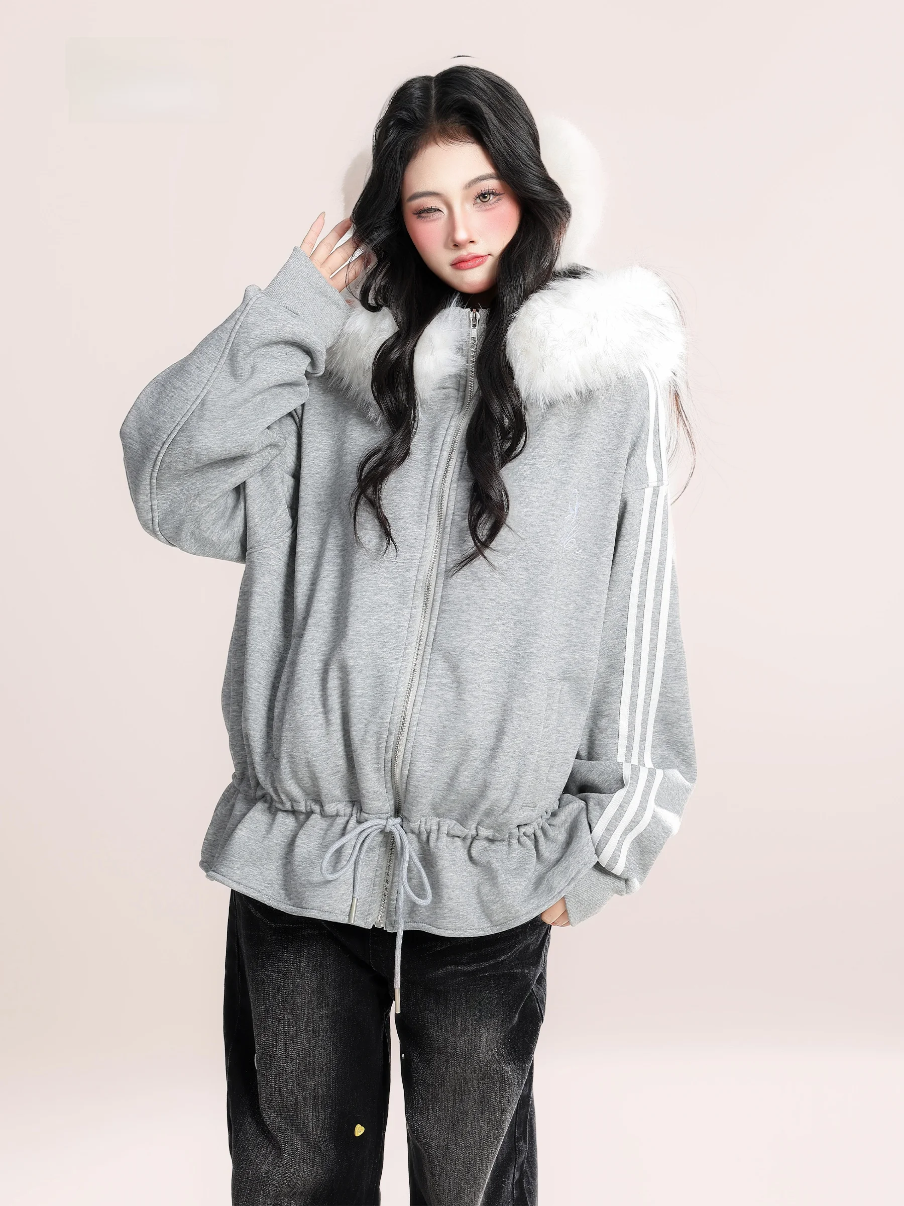 

Женская зимняя теплая толстовка HM в американском ретро-стиле с капюшоном, воротником из флиса, модным поясом и вышивкой, из хлопка