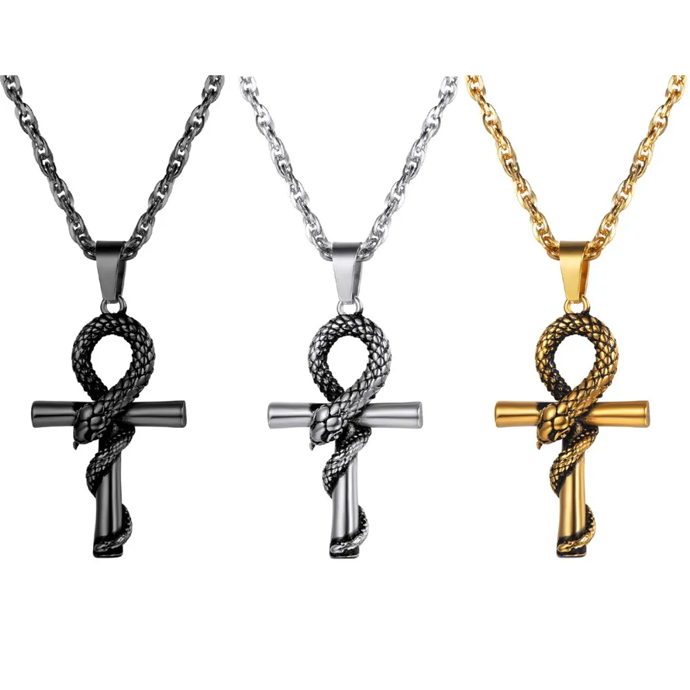 ChainsPro Ankh Cross Necklaces Stainless Steel 3D Snake Ancient Egyptian Coptic Jewelry for Men Women CP714