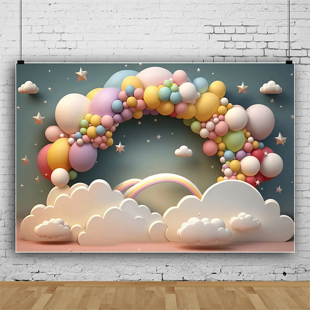 Fondo de arco de arcoíris 3D para fotografía, telón de fondo para fiesta de cumpleaños de niños, Baby Shower, juguete, oso, estrella, nube, accesorios de decoración de fondo