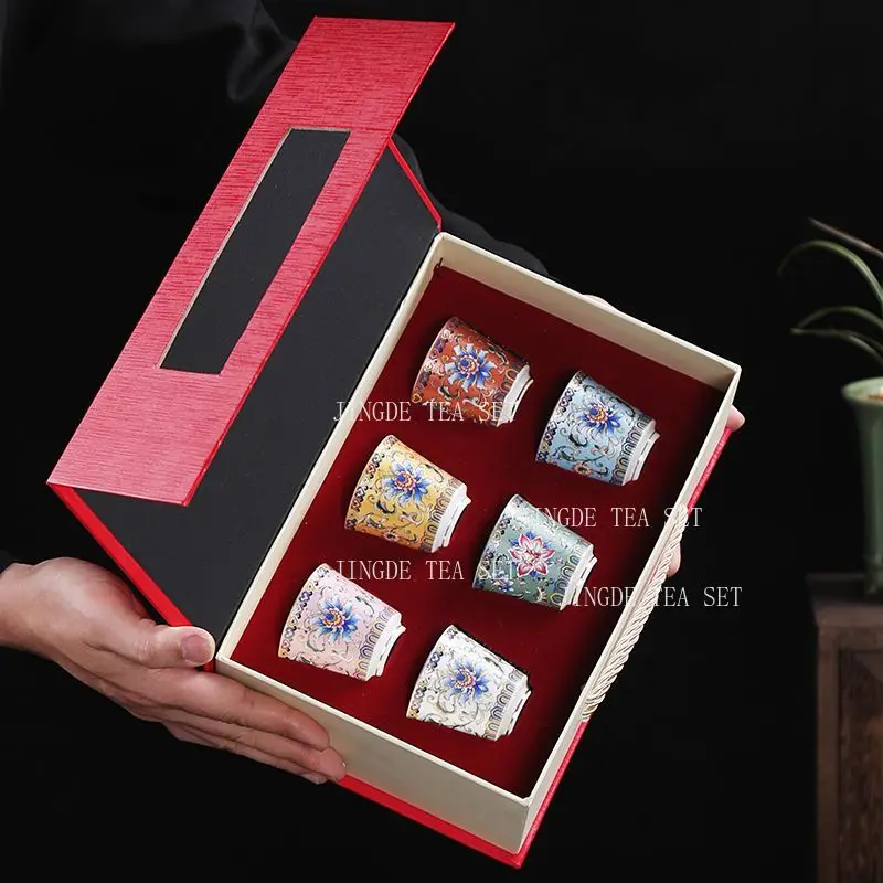 6 Colors Floral Porcelain Tasting Cup Set Enamel Lotus Pattern Tea Cups Chinese Gongfu Teaware Luxury Gift Box For Tea Lovers