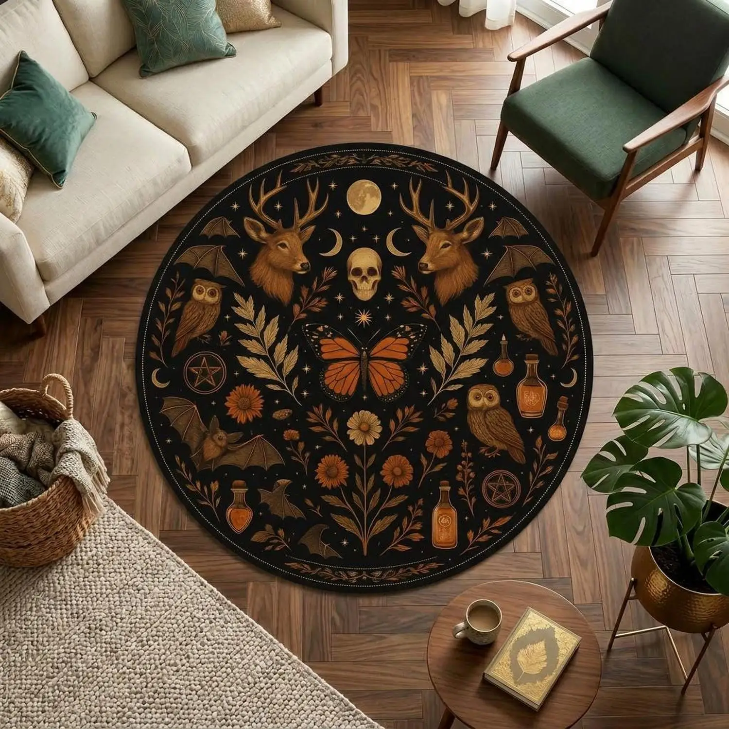 【Room Decoration Carpet】Round Gothic Mystery Carpet, Witchy Moon Deer Carpet, Dark Academy Style Decorative Carpet