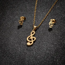 Hip Hop Stainless Stee Musical Note Jewelry Set For Girls Tragus Piercing Earring Necklace Pendant Clavicle Chain Choker