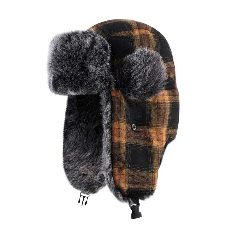 Winter Plaid Outdoor Thickened Lei Feng Cap Fashion Ski Cap Warm Ear Protection Hat Riding Mountaineering Cotton Cap