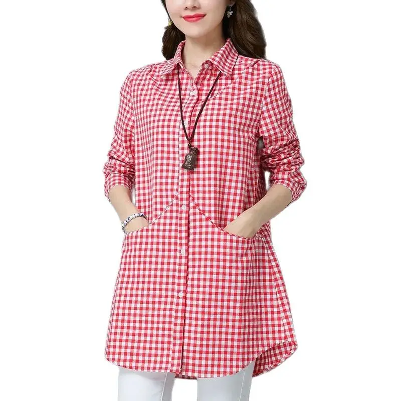 2024 New Cotton Plaid Shirt Women\'s Shirt Tops Long-Sleeved Korean Loose Casual Summer Autumn Thin Blouse Female