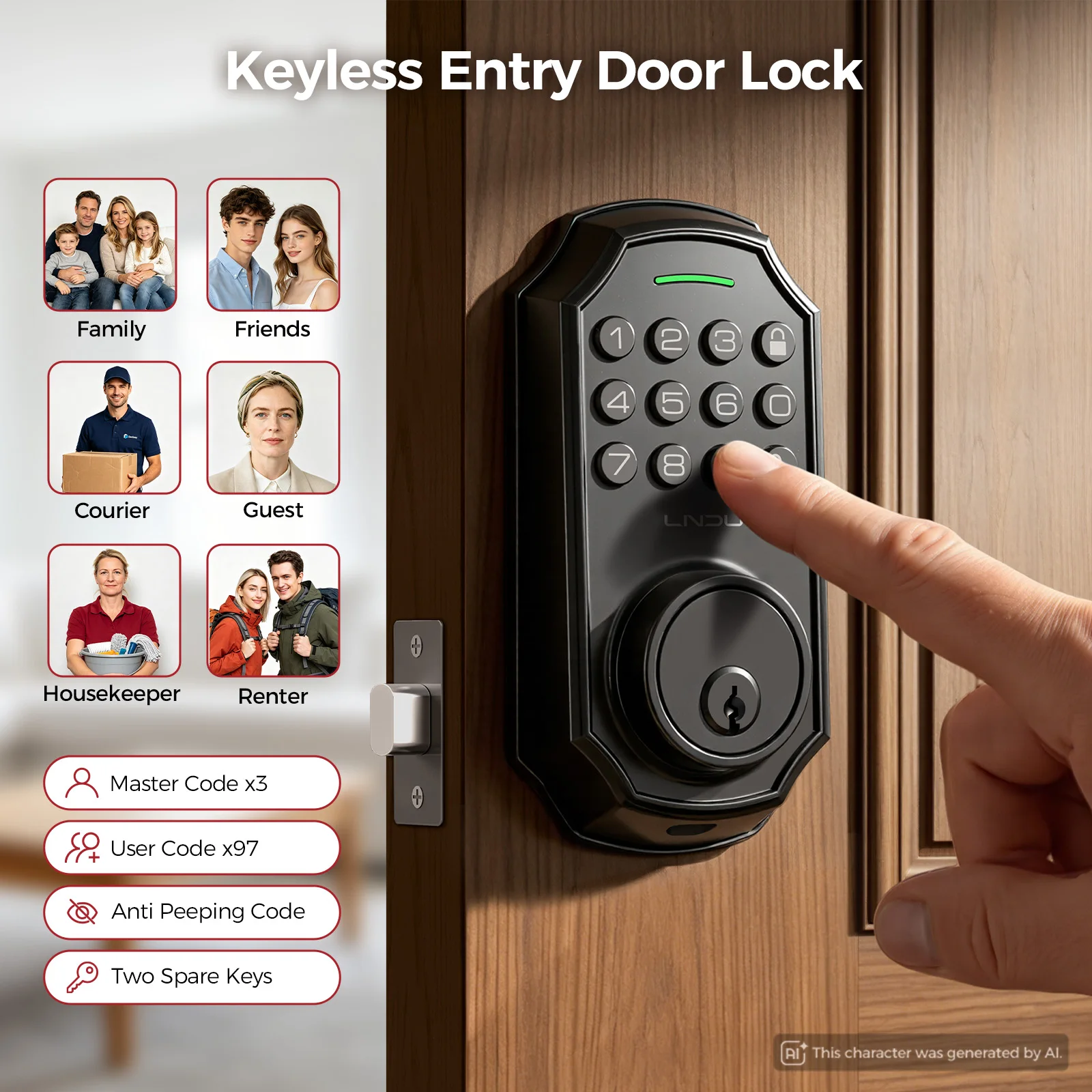 LNDU Smart Door Lock with Keyless Entry Electronic Deadbolt ANSI Grade 3 Backlit Keypad Auto Lock Anti-Peeping Passcode Battery Powered for Front Door