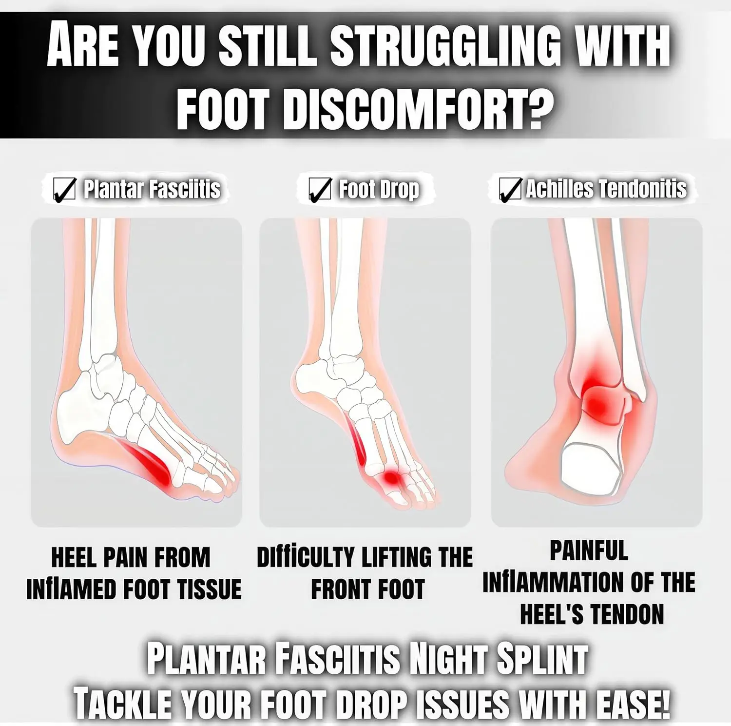 Plantar Fasciitis Night Splint, Adjustable 3-Point Support Dorsal Foot Brace for Plantar Fasciitis Relief, Foot Drop