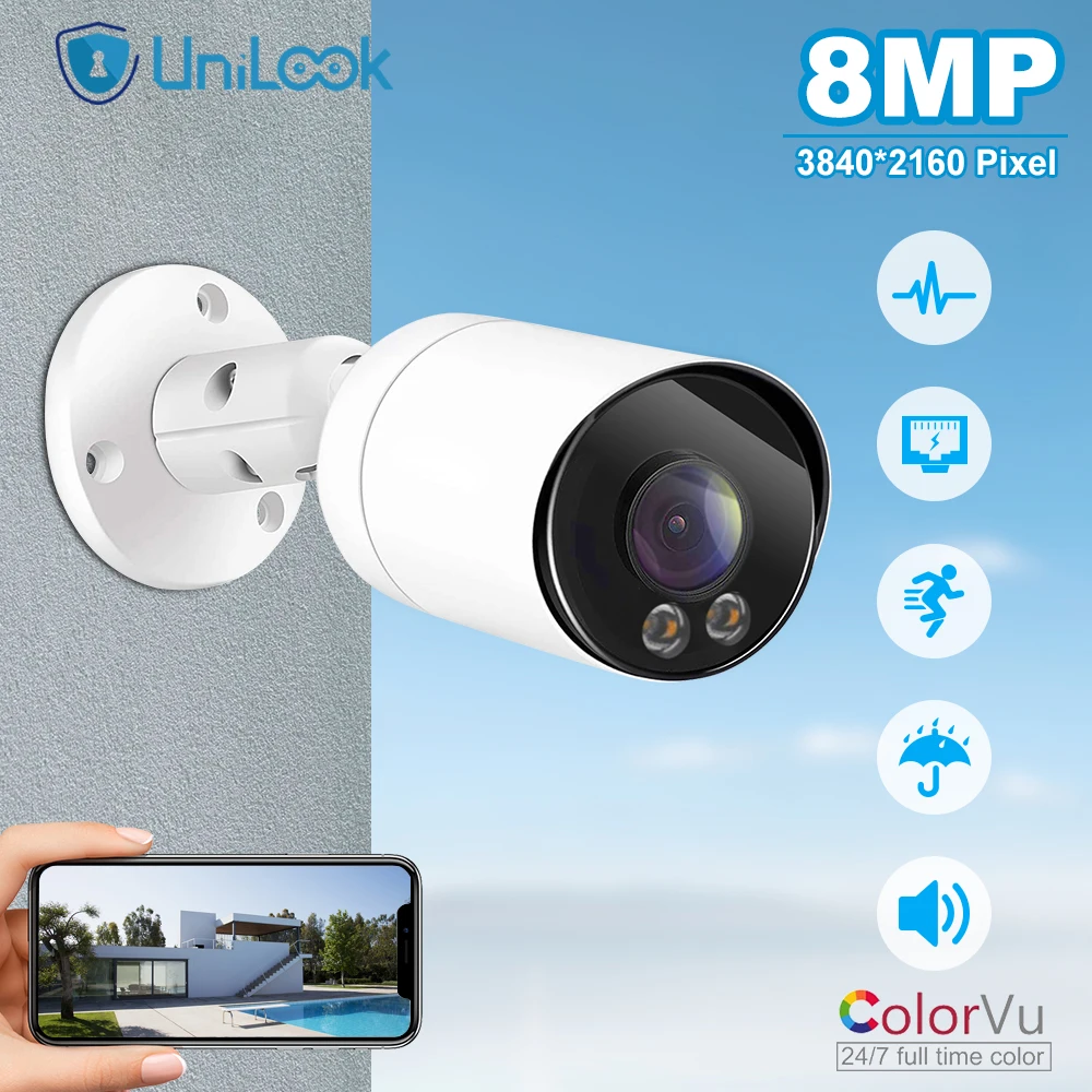 UniLook 4K/8MP ColorVu POE IP-Kamera 2,8 mm Objektiv mit Mikrofon Vollfarb-Nachtsicht IP66 Bullet CCTV-Überwachungskamera H.265 P2P