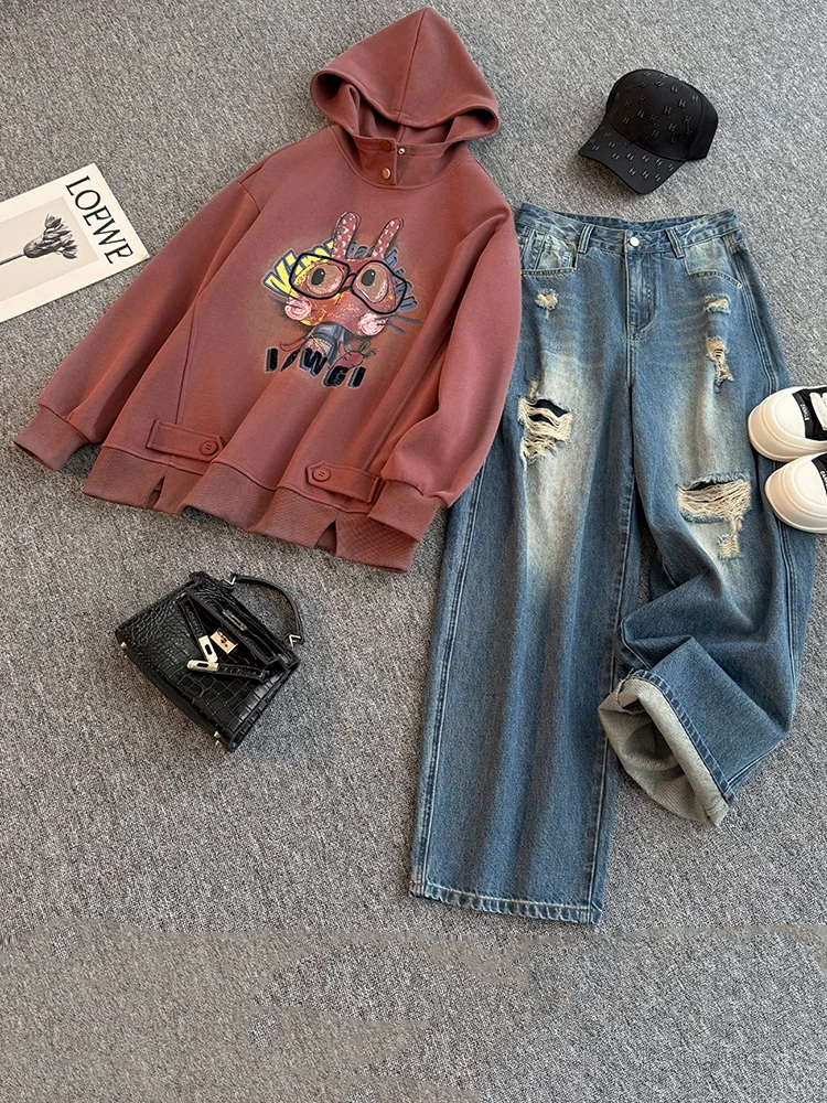 

Chic Cute Fashionable Women's Set Spring New Active Ageless Sweatshirt Wide Leg Jeans Two Piece Set Comfortable Casual Style