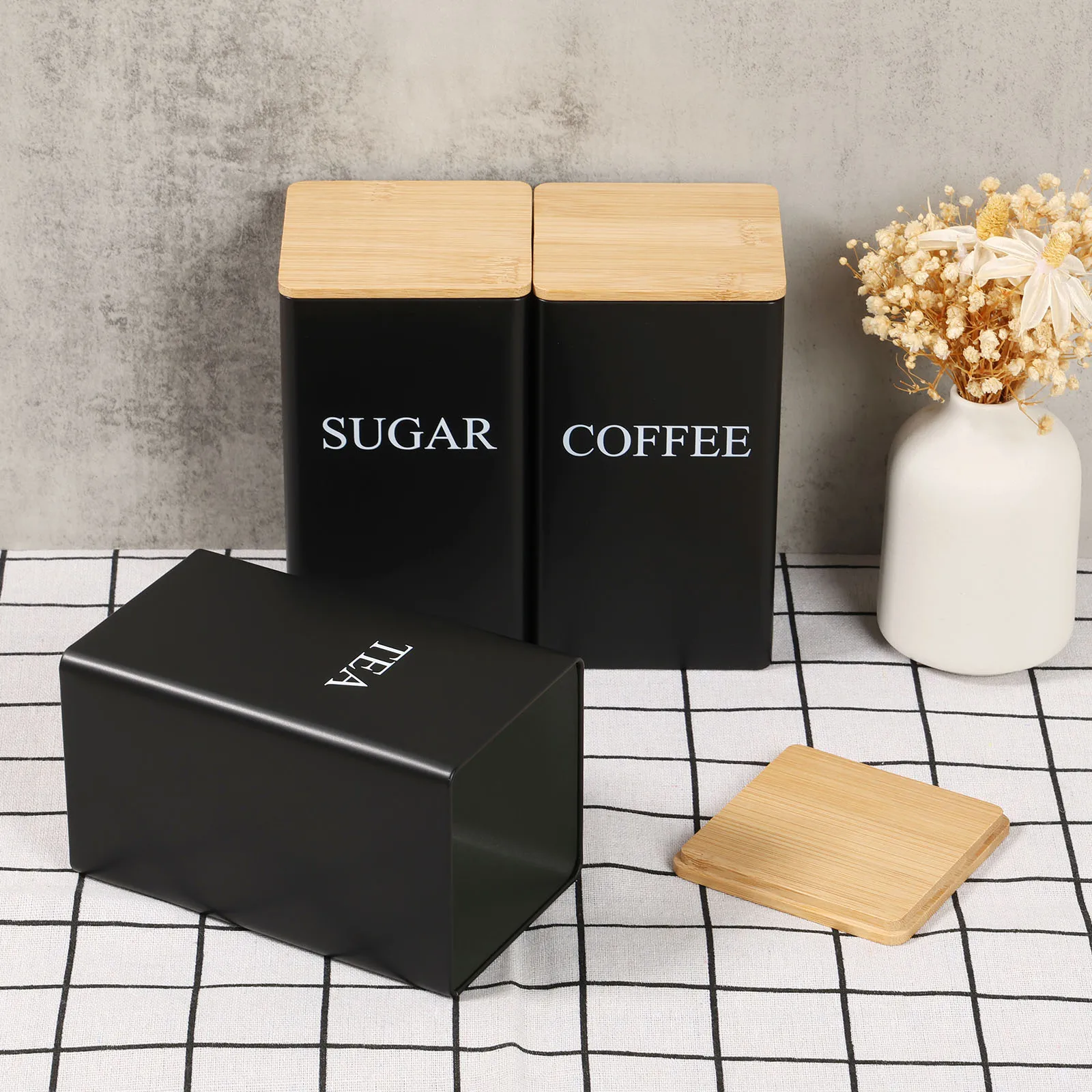 3Pcs Coffee Bean Jar Metal Coffee Tea Sugar Container Simple Style Sealed Storage with Bamboo Lid Tea Can Kitchen Supplies