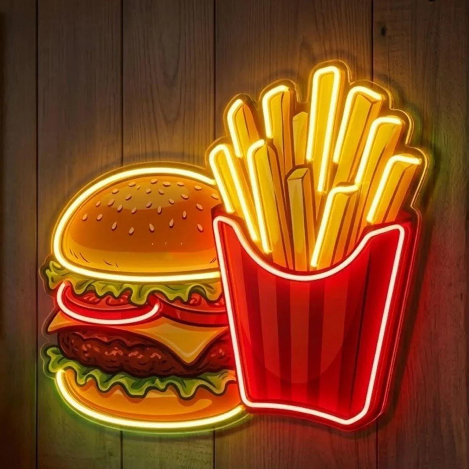 Tasty Burger And Fries LED Neon Sign,Classic Fast Food Diner Wall Art Decor,Hamburger Neon Sign,Gift For Burger Shop