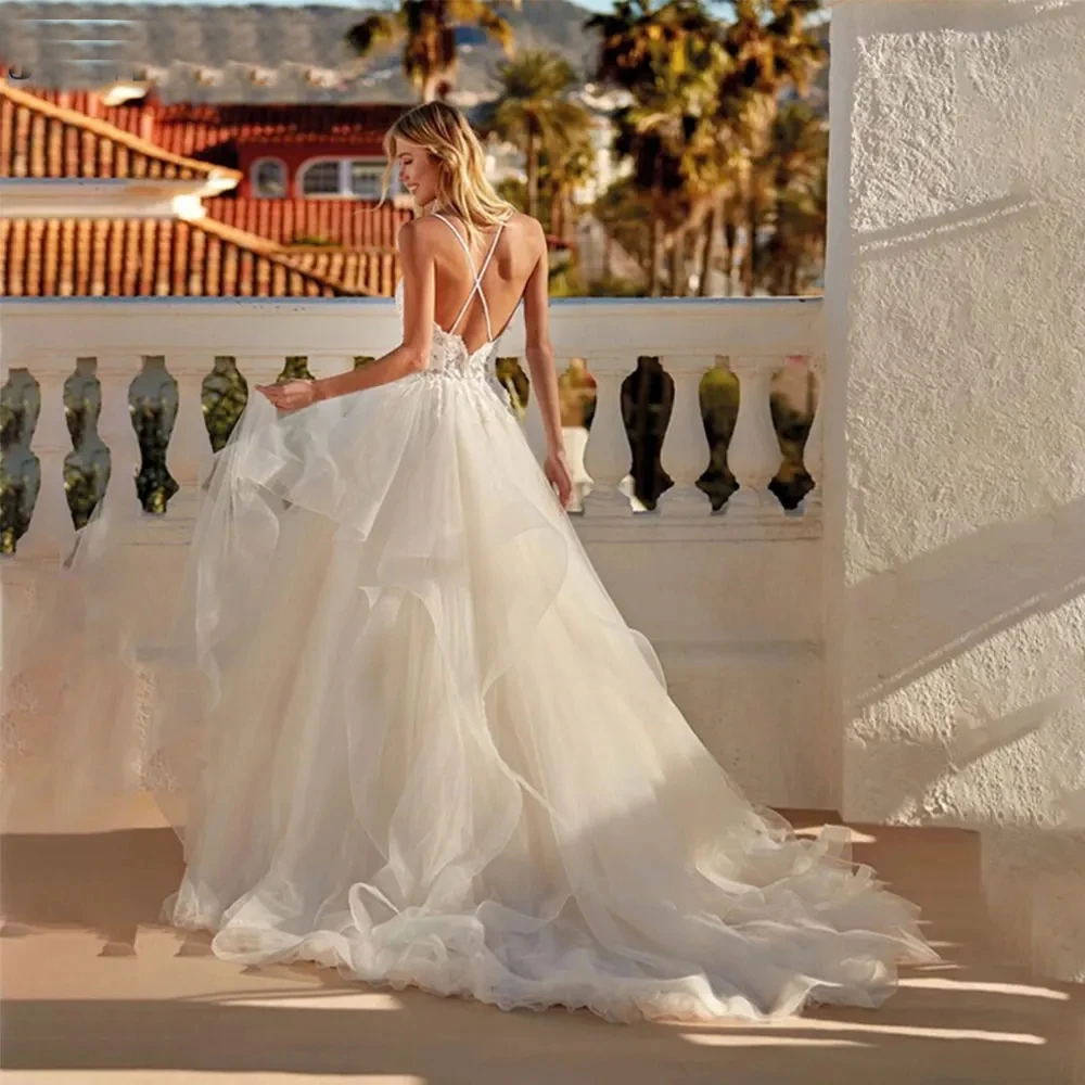 Robe de mariée à col en V avec appliques vintage, tulle à plusieurs niveaux moelleux, robe de Rhde princesse, robe de soirée sur la plage, robe éducative, ligne A, quelle que soit la mariée formelle de la femme