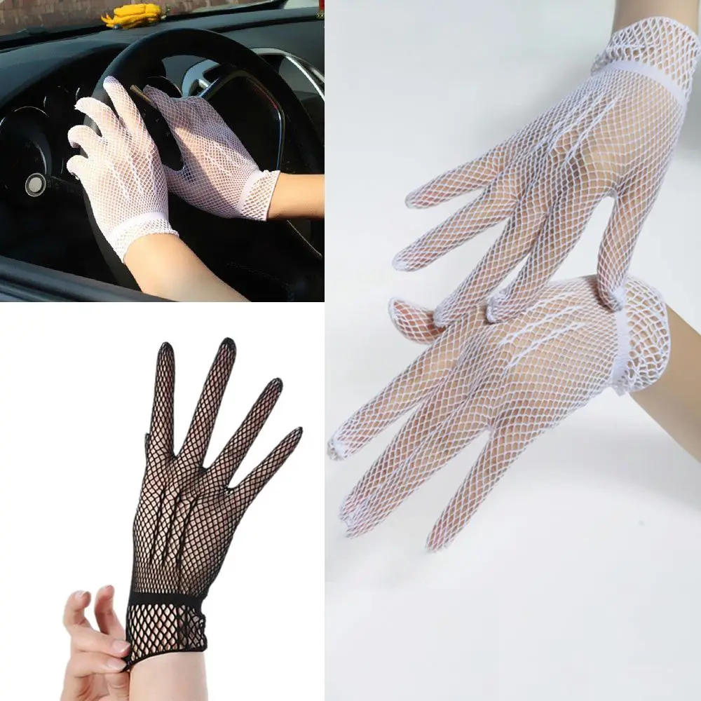 Elegant White Black Wedding Evening Party Accessory Mesh Fishnet Gloves Uv-proof Driving Bride Mittens Lace Finger